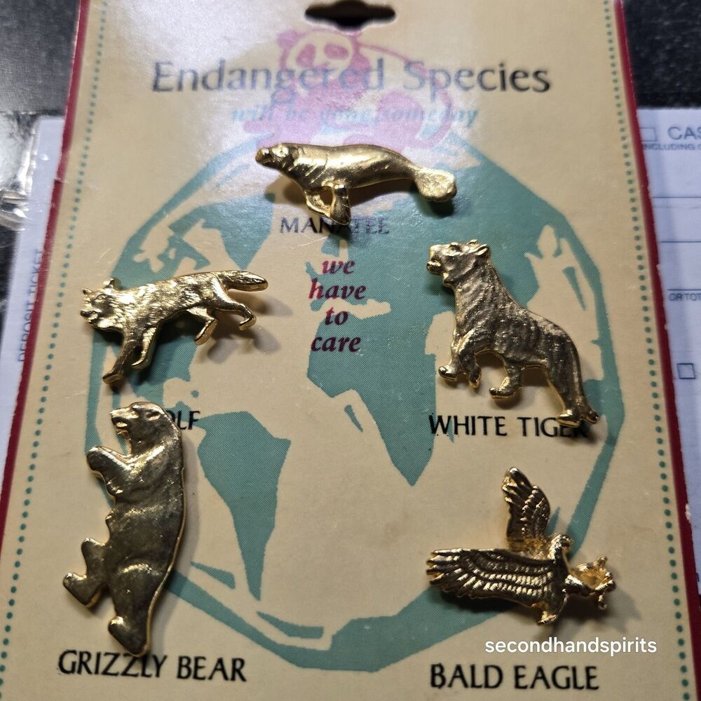Endangered Species Pin Lapel Pins Vintage Eagle Bear Wolf Manatee Tiger